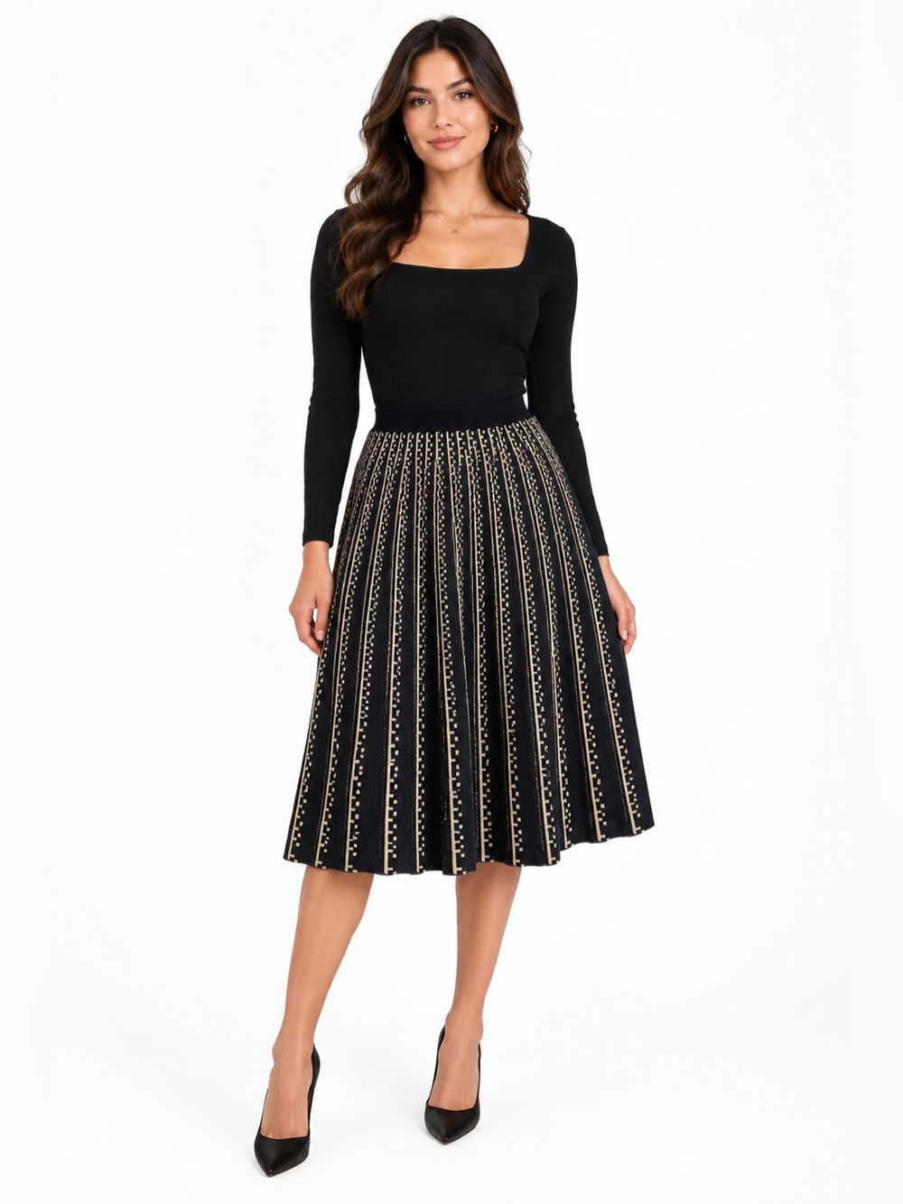 Lark + Grey Midi A line Skirt Size Large Black/Gold Sparkling Color Striped New